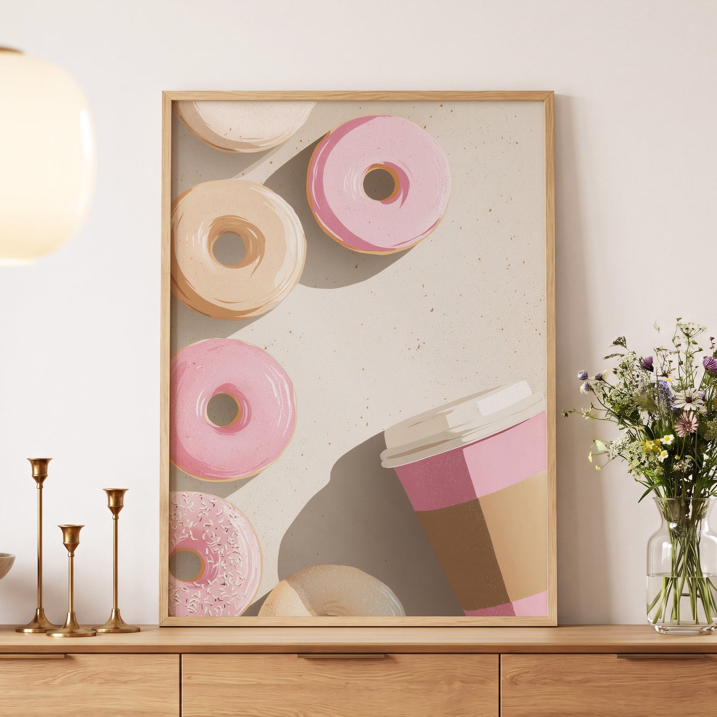 Doughnuts & Daydreams, beige, pink, brown minimalist wall art displayed in a styled interior, gallery view 4