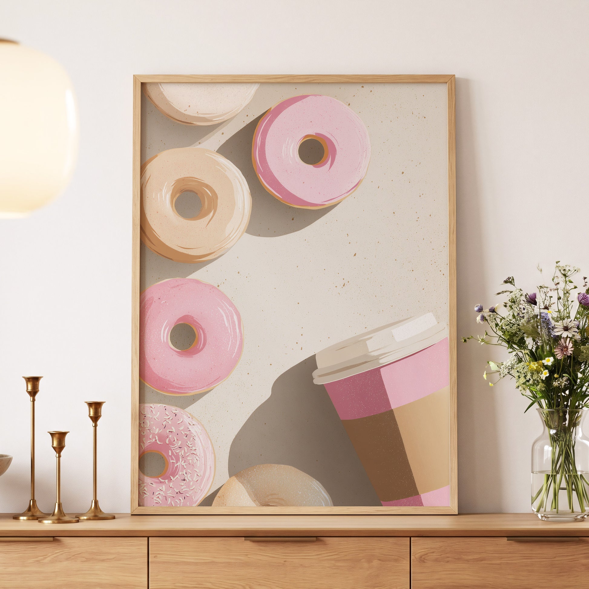 Doughnuts & Daydreams, beige, pink, brown minimalist wall art displayed in a styled interior, gallery view 4