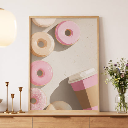 Doughnuts & Daydreams, beige, pink, brown minimalist wall art displayed in a styled interior, gallery view 4