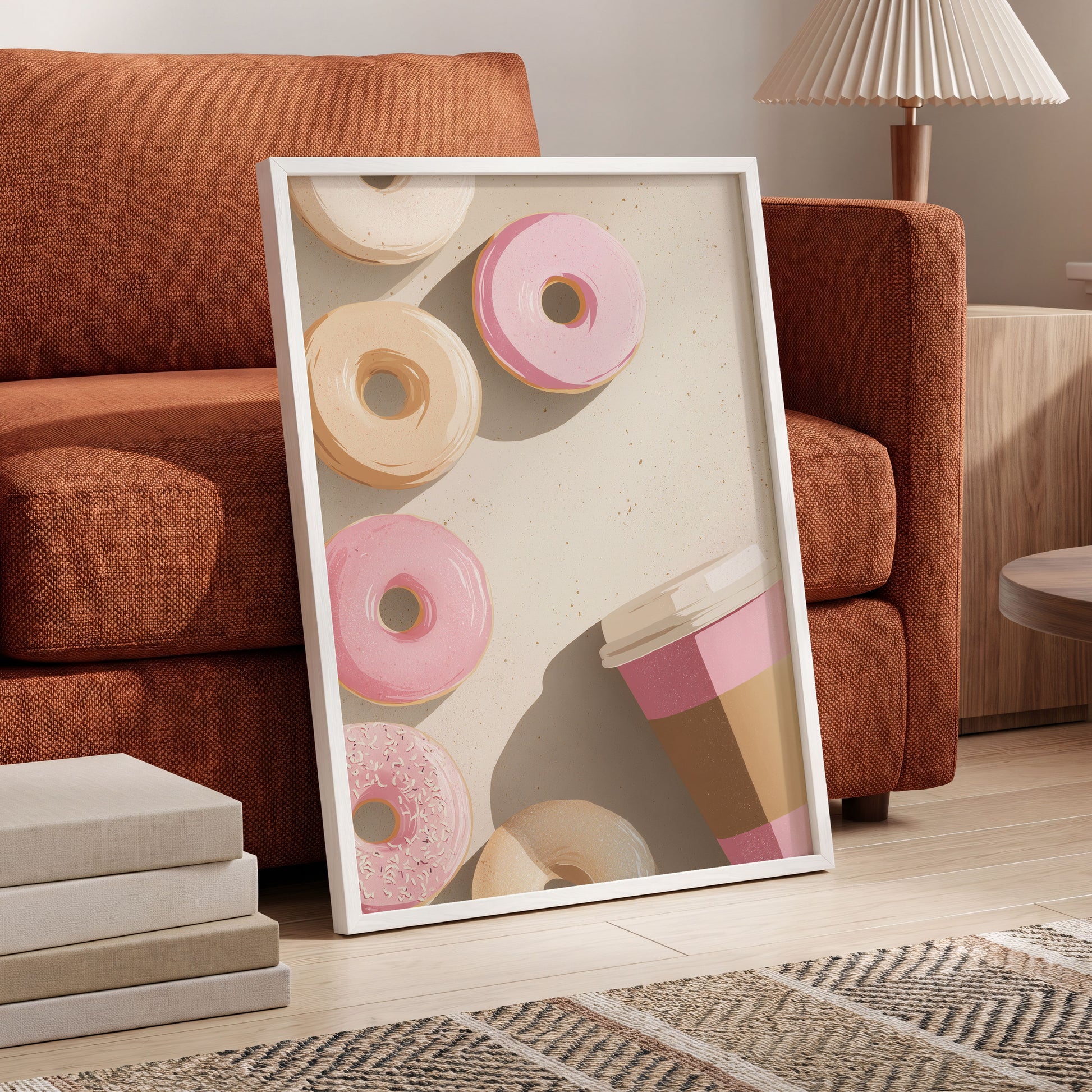 Doughnuts & Daydreams, beige, pink, brown minimalist wall art displayed in a styled interior, gallery view 6