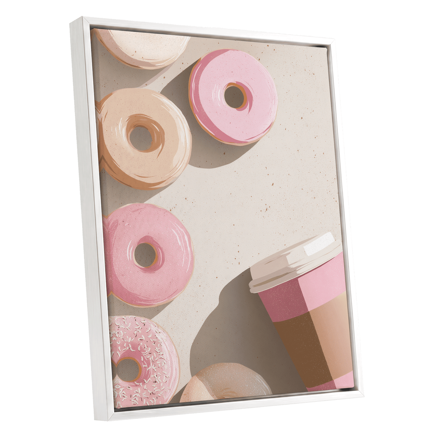 Doughnuts & Daydreams, beige, pink, brown minimalist wall art shown as a white framed canvas wall art