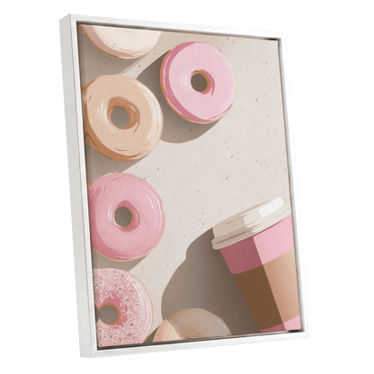 Doughnuts & Daydreams, beige, pink, brown minimalist wall art shown as a white framed canvas wall art