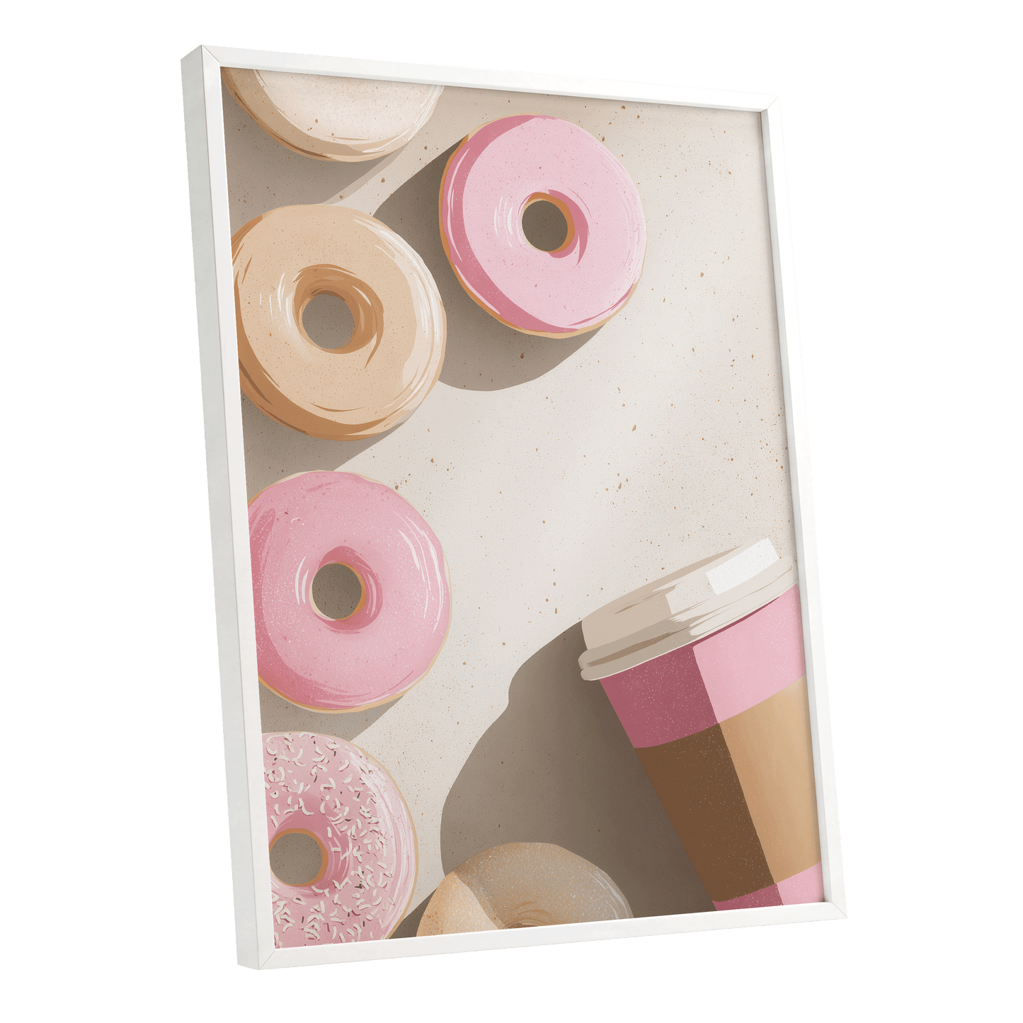 Doughnuts & Daydreams, beige, pink, brown minimalist wall art shown as a white framed poster wall art print