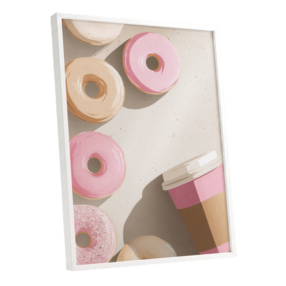 Doughnuts & Daydreams, beige, pink, brown minimalist wall art shown as a white framed poster wall art print