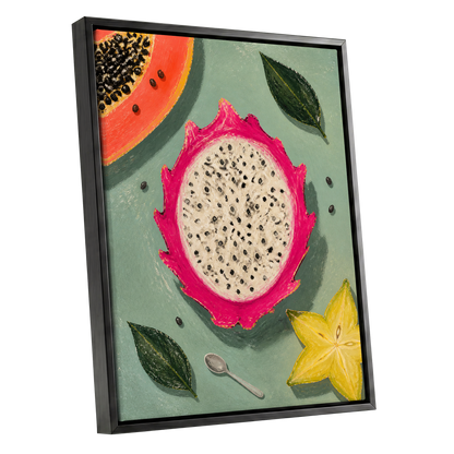 Dragon Fruit Afternoon, pink, green, orange nature wall art shown as a black framed canvas wall art