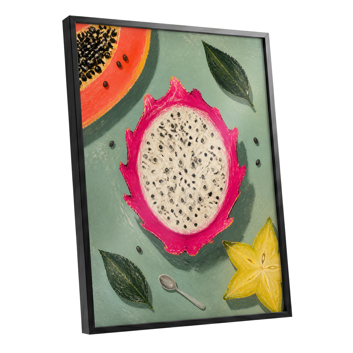 Dragon Fruit Afternoon, pink, green, orange nature wall art shown as a black framed poster wall art print