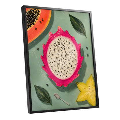 Dragon Fruit Afternoon, pink, green, orange nature wall art shown as a black framed poster wall art print