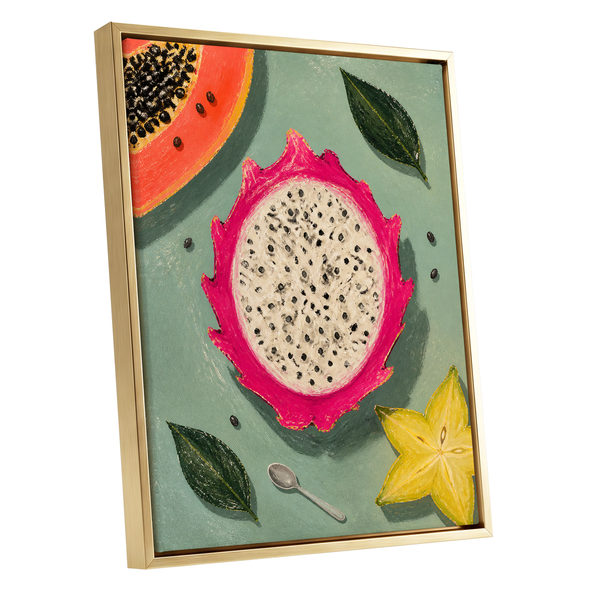 Dragon Fruit Afternoon, pink, green, orange nature wall art shown as a gold framed canvas wall art