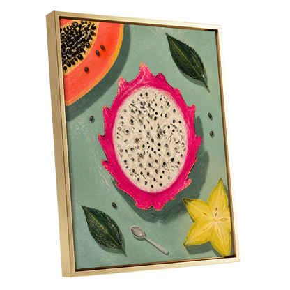 Dragon Fruit Afternoon, pink, green, orange nature wall art shown as a gold framed canvas wall art