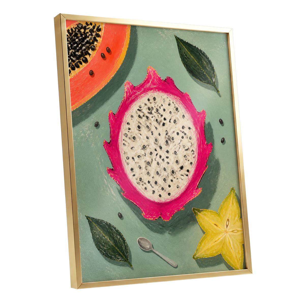 Dragon Fruit Afternoon, pink, green, orange nature wall art shown as a gold framed poster wall art print