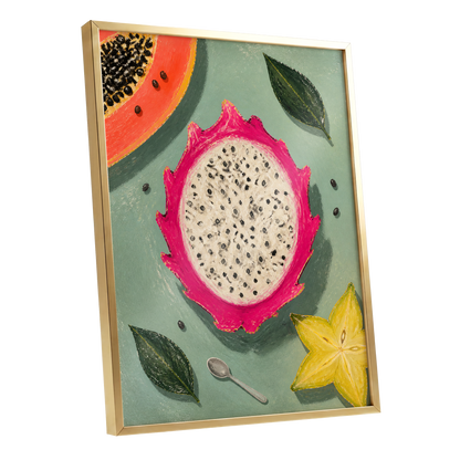 Dragon Fruit Afternoon, pink, green, orange nature wall art shown as a gold framed poster wall art print