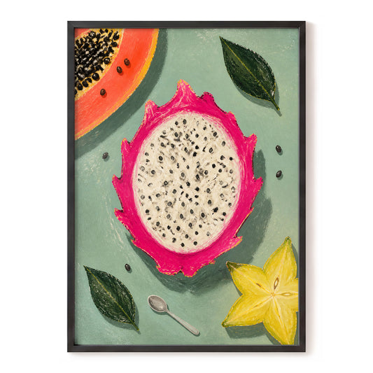 Dragon Fruit Afternoon, pink, green, orange nature wall art, front artwork view