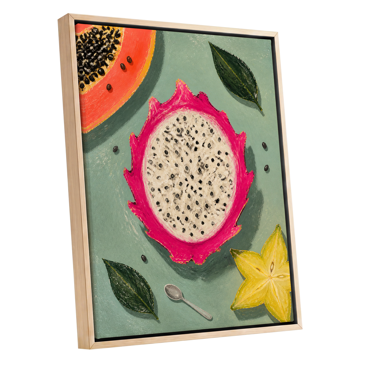 Dragon Fruit Afternoon, pink, green, orange nature wall art shown as a oak framed canvas wall art