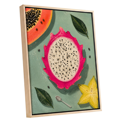 Dragon Fruit Afternoon, pink, green, orange nature wall art shown as a oak framed canvas wall art
