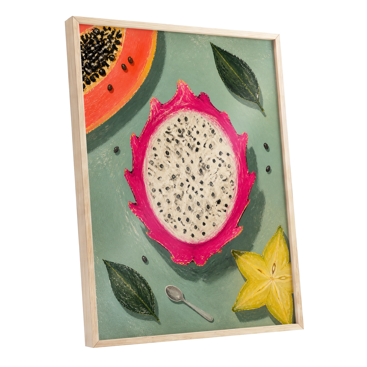 Dragon Fruit Afternoon, pink, green, orange nature wall art shown as a oak framed poster wall art print