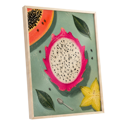Dragon Fruit Afternoon, pink, green, orange nature wall art shown as a oak framed poster wall art print