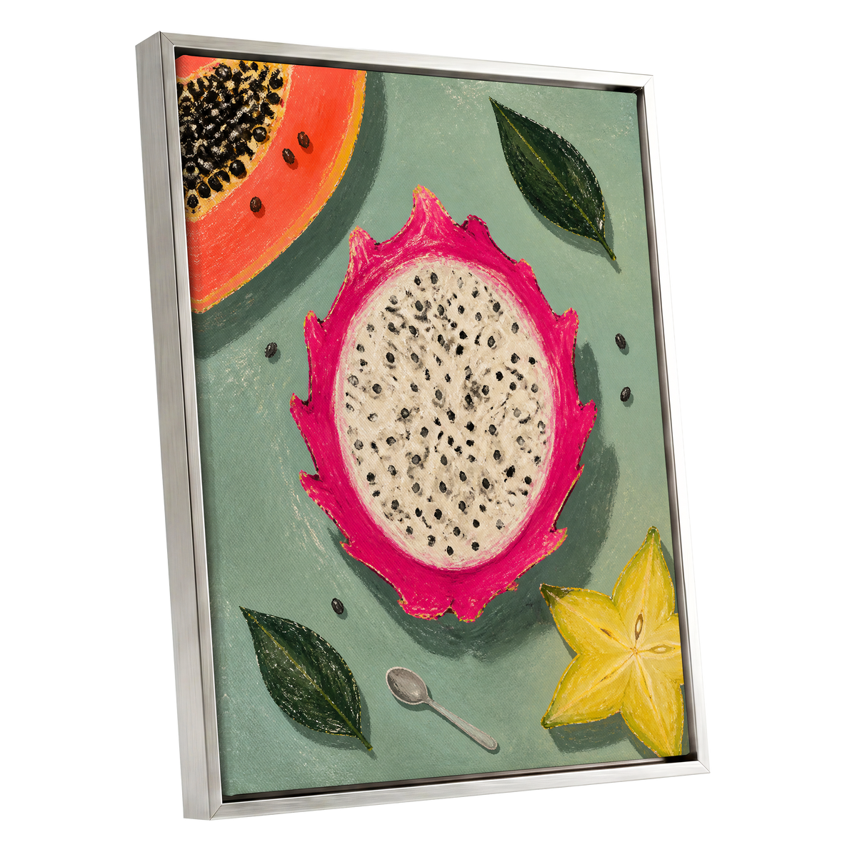 Dragon Fruit Afternoon, pink, green, orange nature wall art shown as a silver framed canvas wall art