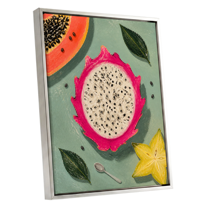 Dragon Fruit Afternoon, pink, green, orange nature wall art shown as a silver framed canvas wall art