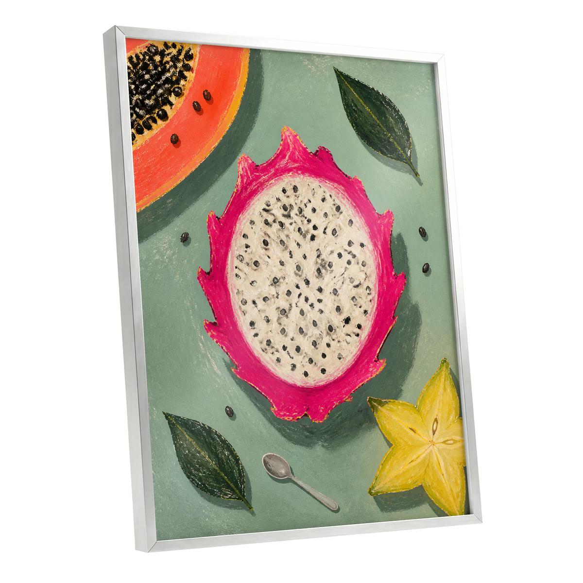 Dragon Fruit Afternoon, pink, green, orange nature wall art shown as a silver framed poster wall art print