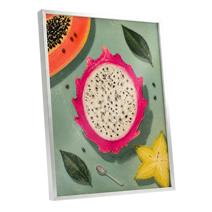 Dragon Fruit Afternoon, pink, green, orange nature wall art shown as a silver framed poster wall art print