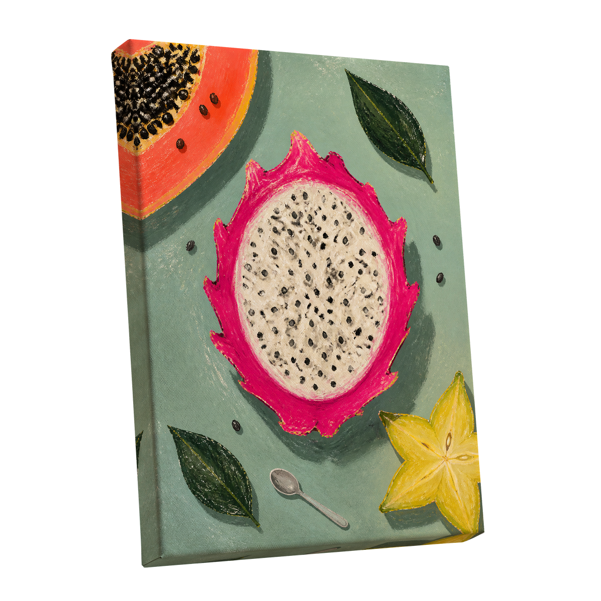Dragon Fruit Afternoon, pink, green, orange nature wall art shown as a stretched canvas wall art