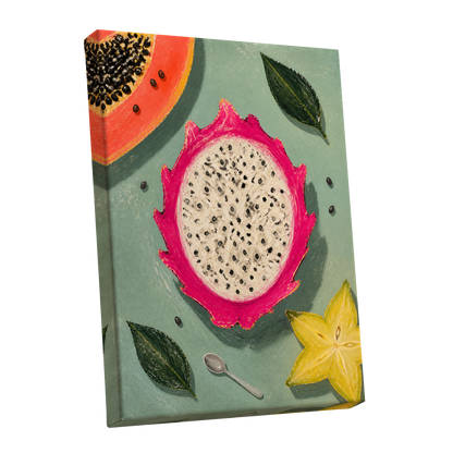 Dragon Fruit Afternoon, pink, green, orange nature wall art shown as a stretched canvas wall art
