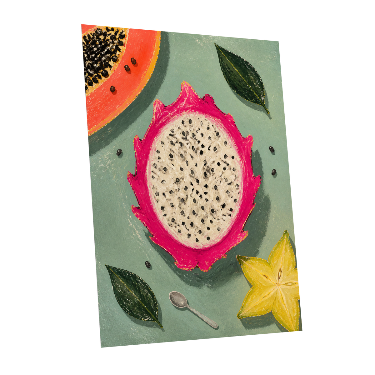 Dragon Fruit Afternoon, pink, green, orange nature wall art shown as a unframed poster wall art print