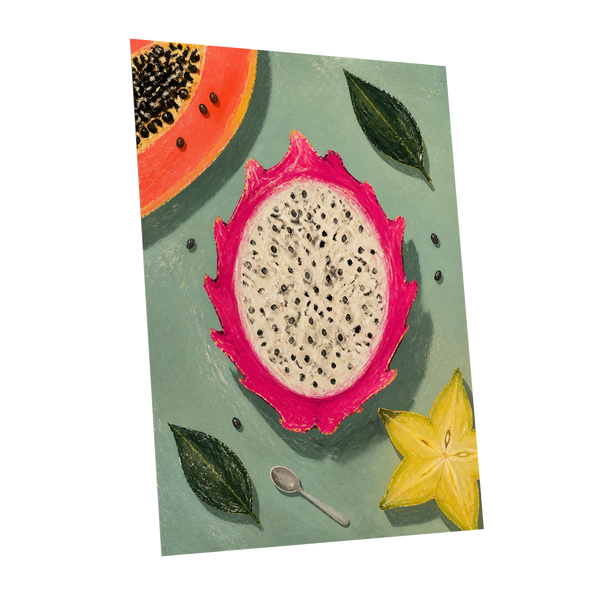 Dragon Fruit Afternoon, pink, green, orange nature wall art shown as a unframed poster wall art print