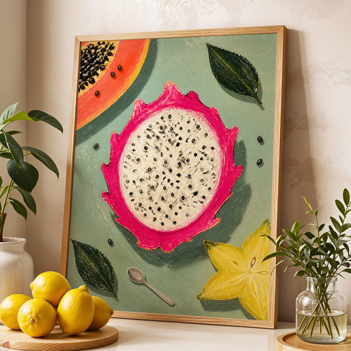 Dragon Fruit Afternoon, pink, green, orange nature wall art displayed in a styled interior, gallery view 2