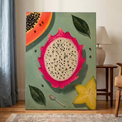 Dragon Fruit Afternoon, pink, green, orange nature wall art displayed in a styled interior, gallery view 3