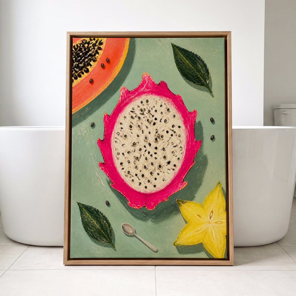 Dragon Fruit Afternoon, pink, green, orange nature wall art displayed in a styled interior, gallery view 4