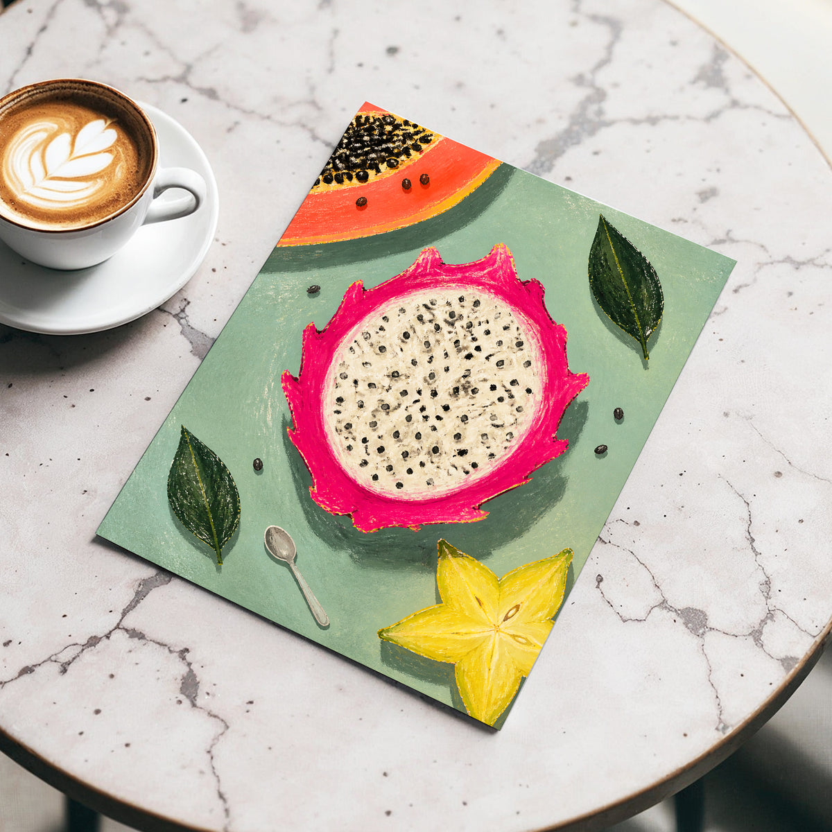 Dragon Fruit Afternoon, pink, green, orange nature wall art displayed in a styled interior, gallery view 5