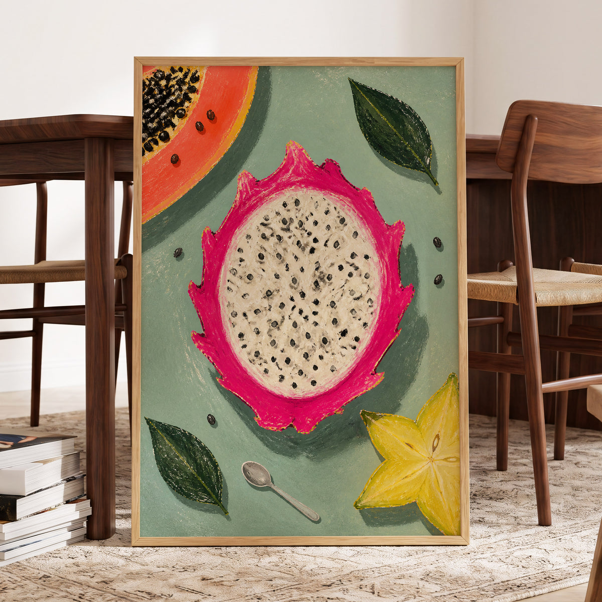 Dragon Fruit Afternoon, pink, green, orange nature wall art displayed in a styled interior, gallery view 6