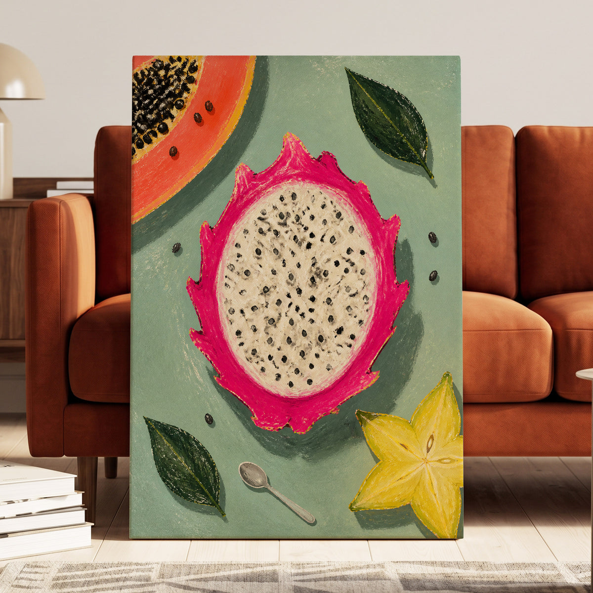 Dragon Fruit Afternoon, pink, green, orange nature wall art displayed in a styled interior, gallery view 7