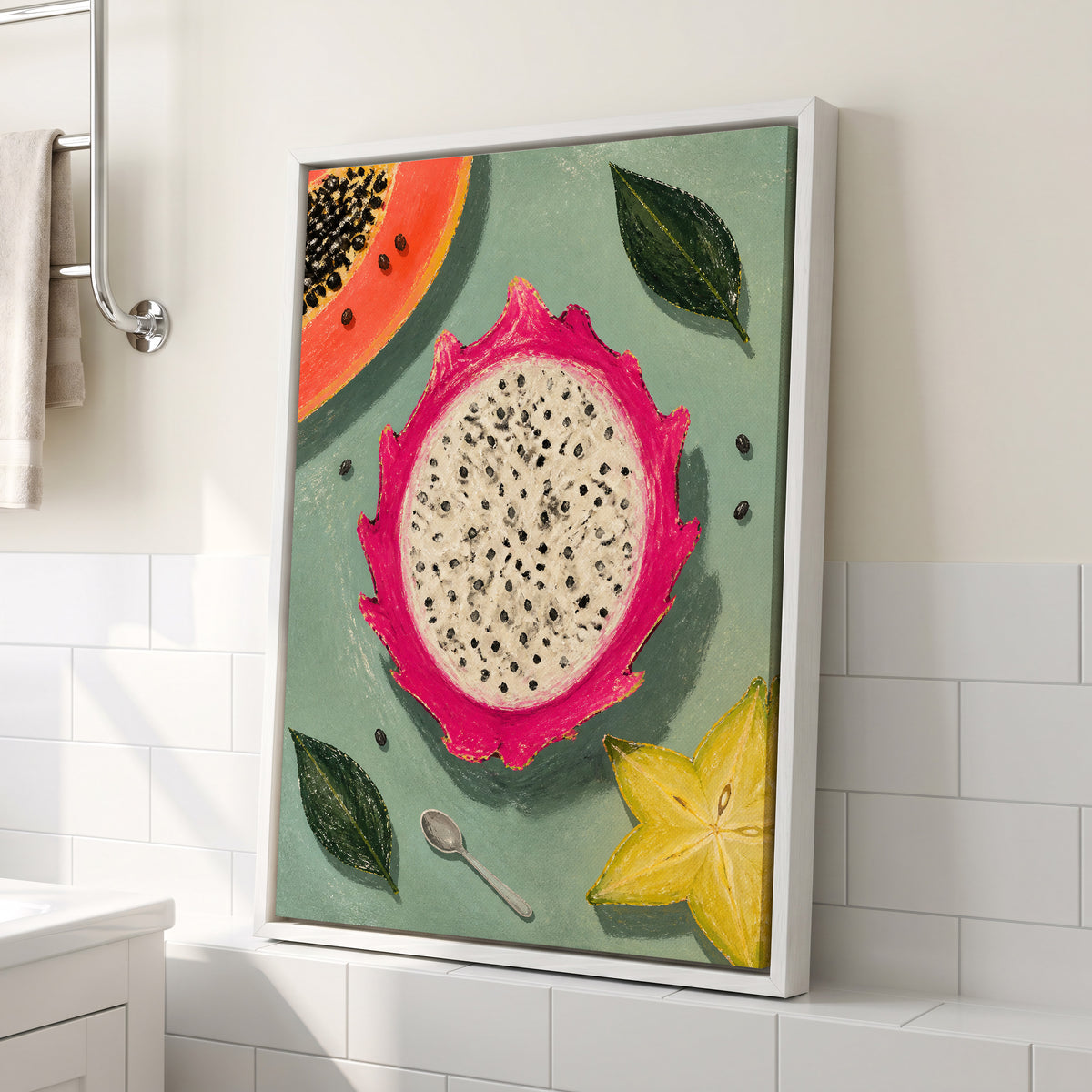 Dragon Fruit Afternoon, pink, green, orange nature wall art displayed in a styled interior, gallery view 8