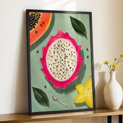Dragon Fruit Afternoon, pink, green, orange nature wall art displayed in a styled interior, gallery view 9