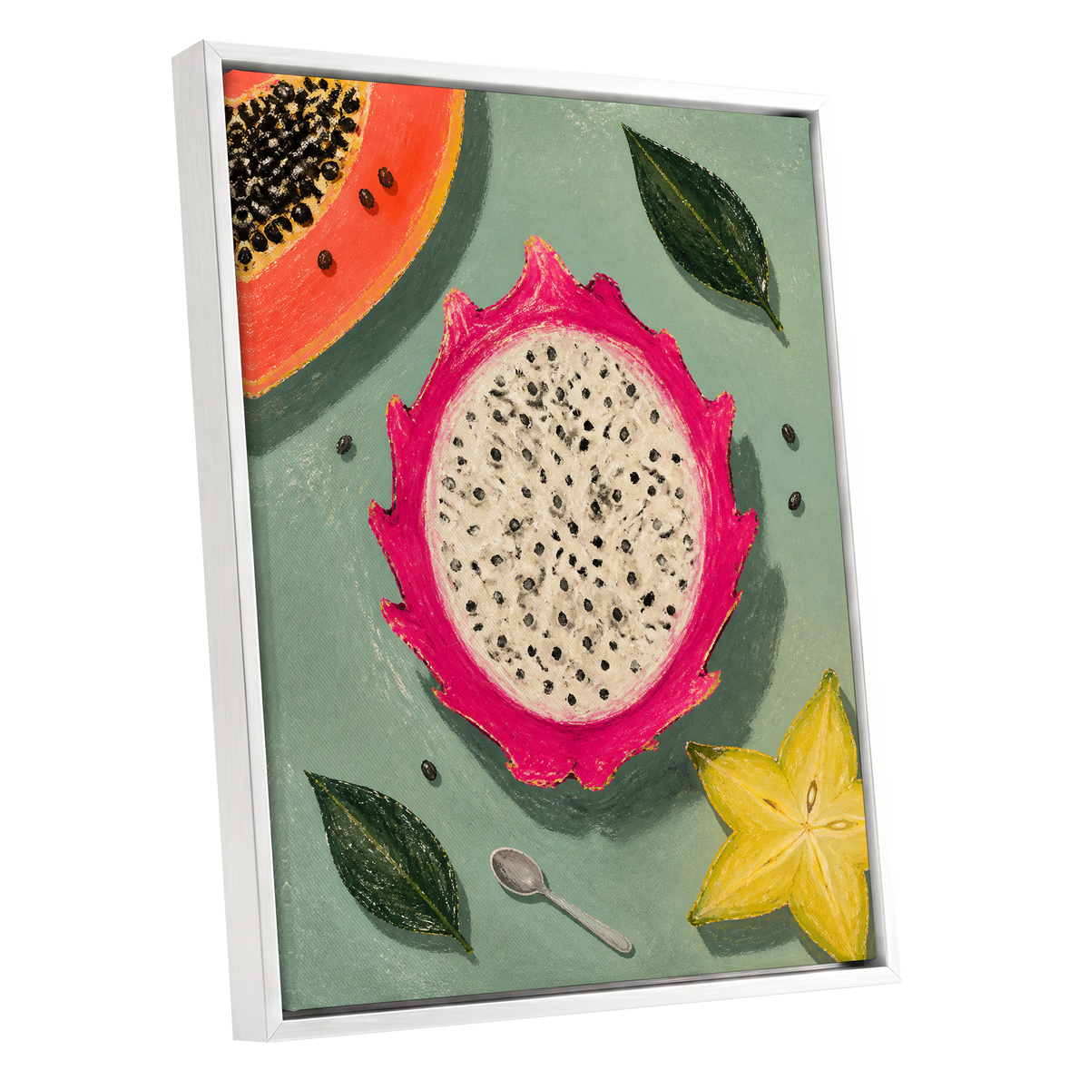 Dragon Fruit Afternoon, pink, green, orange nature wall art shown as a white framed canvas wall art