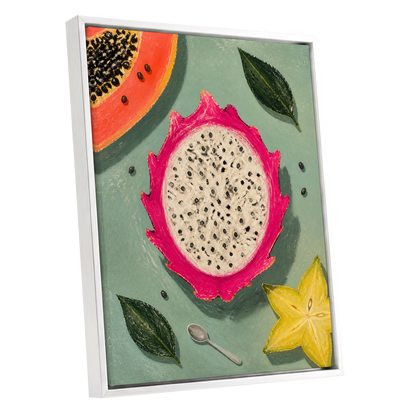 Dragon Fruit Afternoon, pink, green, orange nature wall art shown as a white framed canvas wall art
