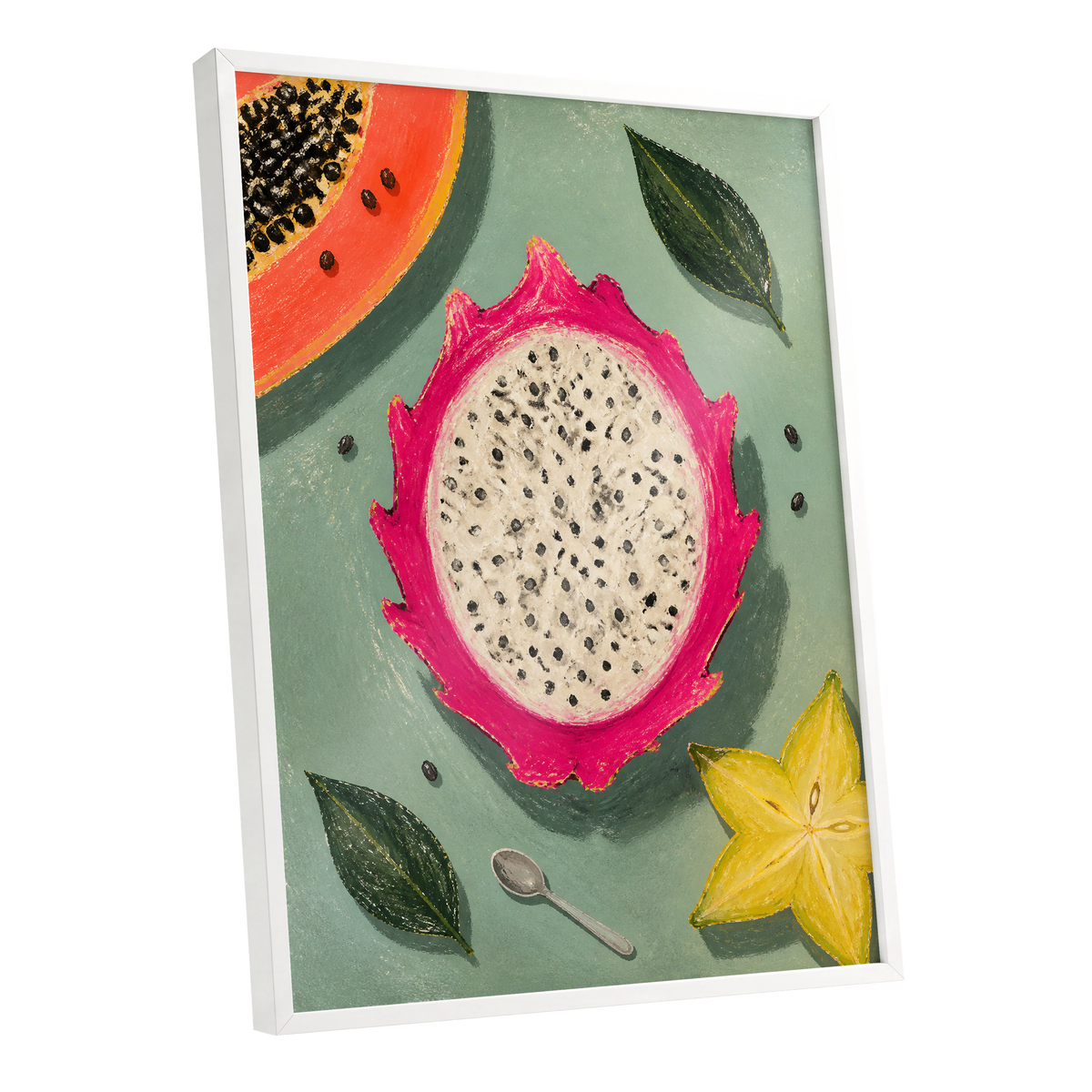 Dragon Fruit Afternoon, pink, green, orange nature wall art shown as a white framed poster wall art print