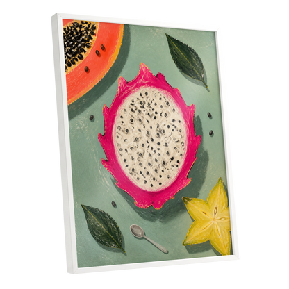 Dragon Fruit Afternoon, pink, green, orange nature wall art shown as a white framed poster wall art print