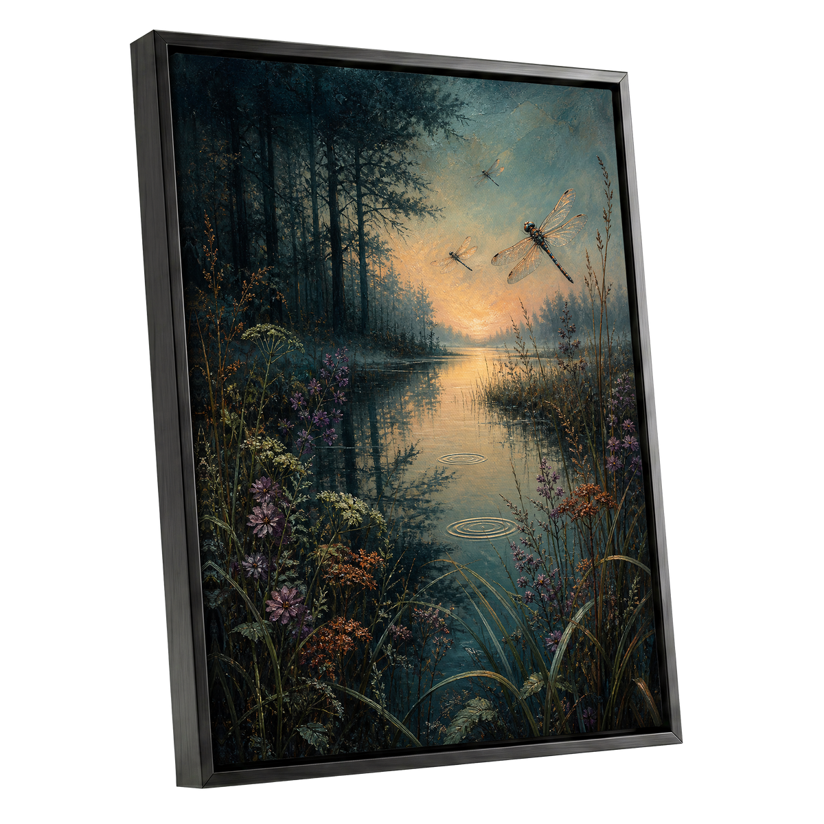 Dragonfly Dusk, blue, green, black nature wall art shown as a black framed canvas wall art