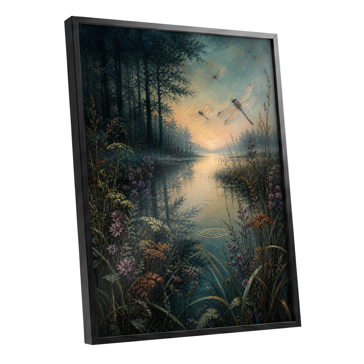 Dragonfly Dusk, blue, green, black nature wall art shown as a black framed poster wall art print