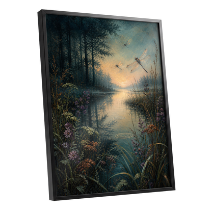 Dragonfly Dusk, blue, green, black nature wall art shown as a black framed poster wall art print