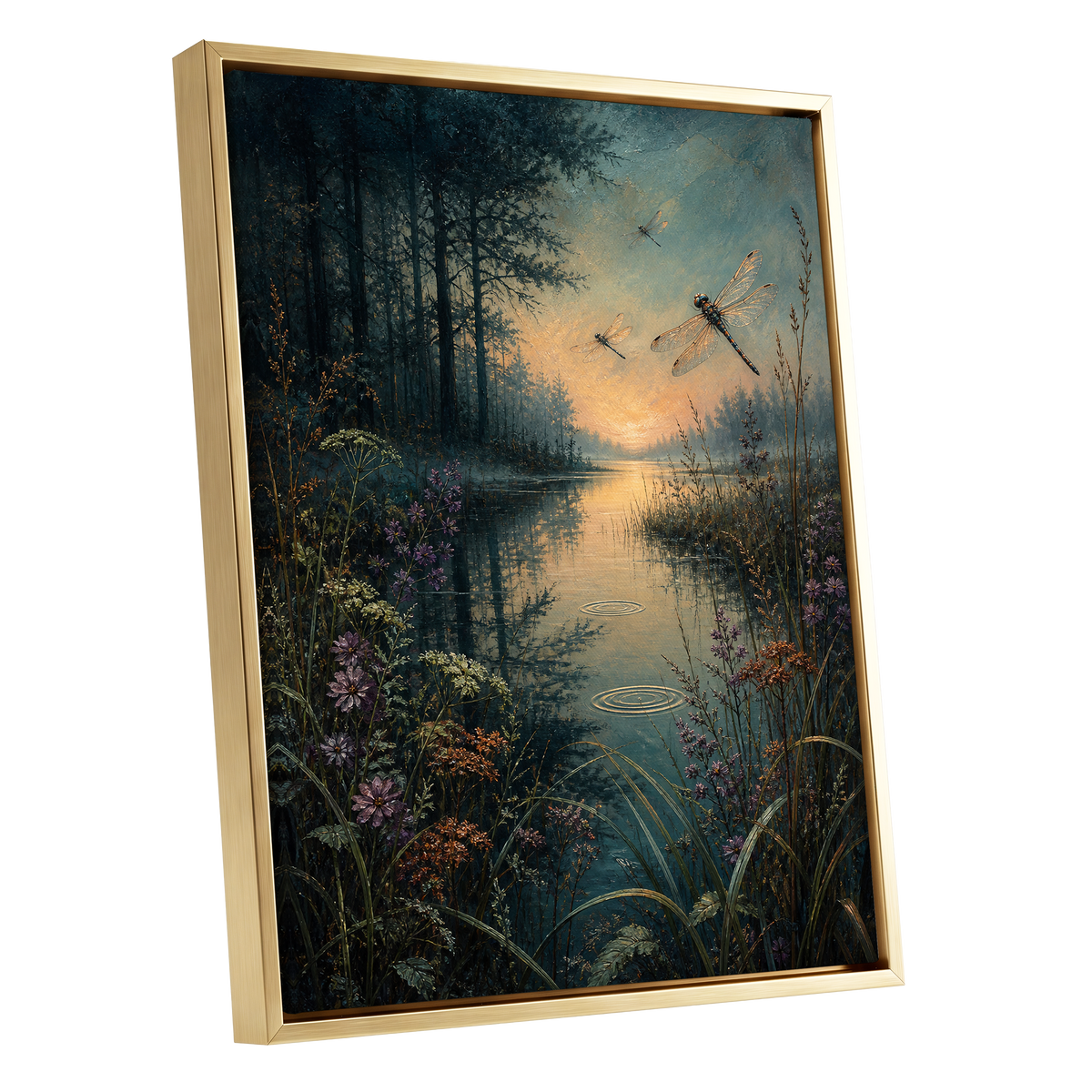 Dragonfly Dusk, blue, green, black nature wall art shown as a gold framed canvas wall art