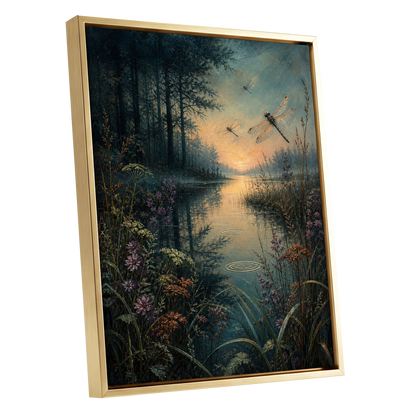 Dragonfly Dusk, blue, green, black nature wall art shown as a gold framed canvas wall art