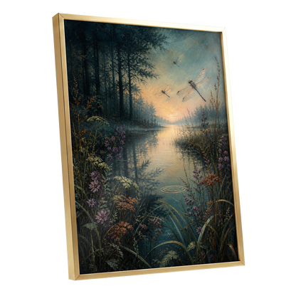 Dragonfly Dusk, blue, green, black nature wall art shown as a gold framed poster wall art print