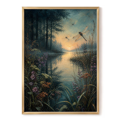 Dragonfly Dusk, blue, green, black nature wall art, front artwork view