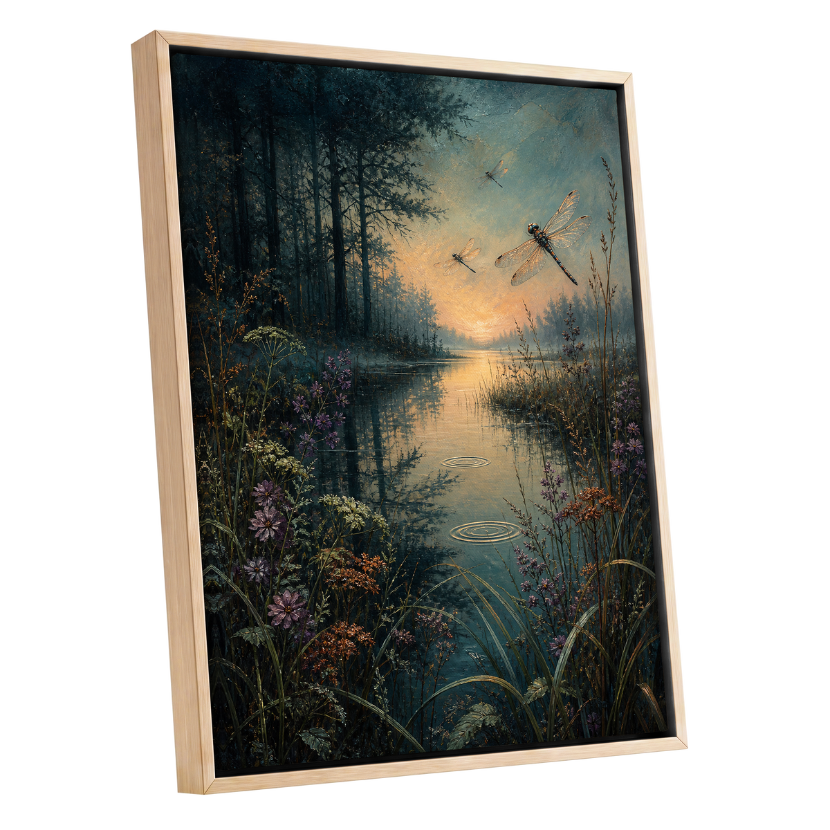 Dragonfly Dusk, blue, green, black nature wall art shown as a oak framed canvas wall art