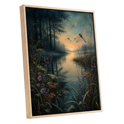 Dragonfly Dusk, blue, green, black nature wall art shown as a oak framed canvas wall art