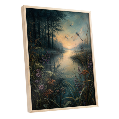 Dragonfly Dusk, blue, green, black nature wall art shown as a oak framed poster wall art print